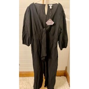 AVA & VIV Black Tie Front Wide Leg Jumpsuit Plus Size 3X Balloon Sleeve